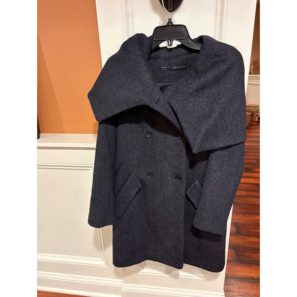 Zara Basic Women Dark Gray Double Breasted Shawl Collar Wool Blend Coat Size M